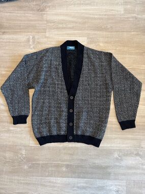 Vintage Italian Men's Textured Button Cardigan Sweater - Black & Gray size M